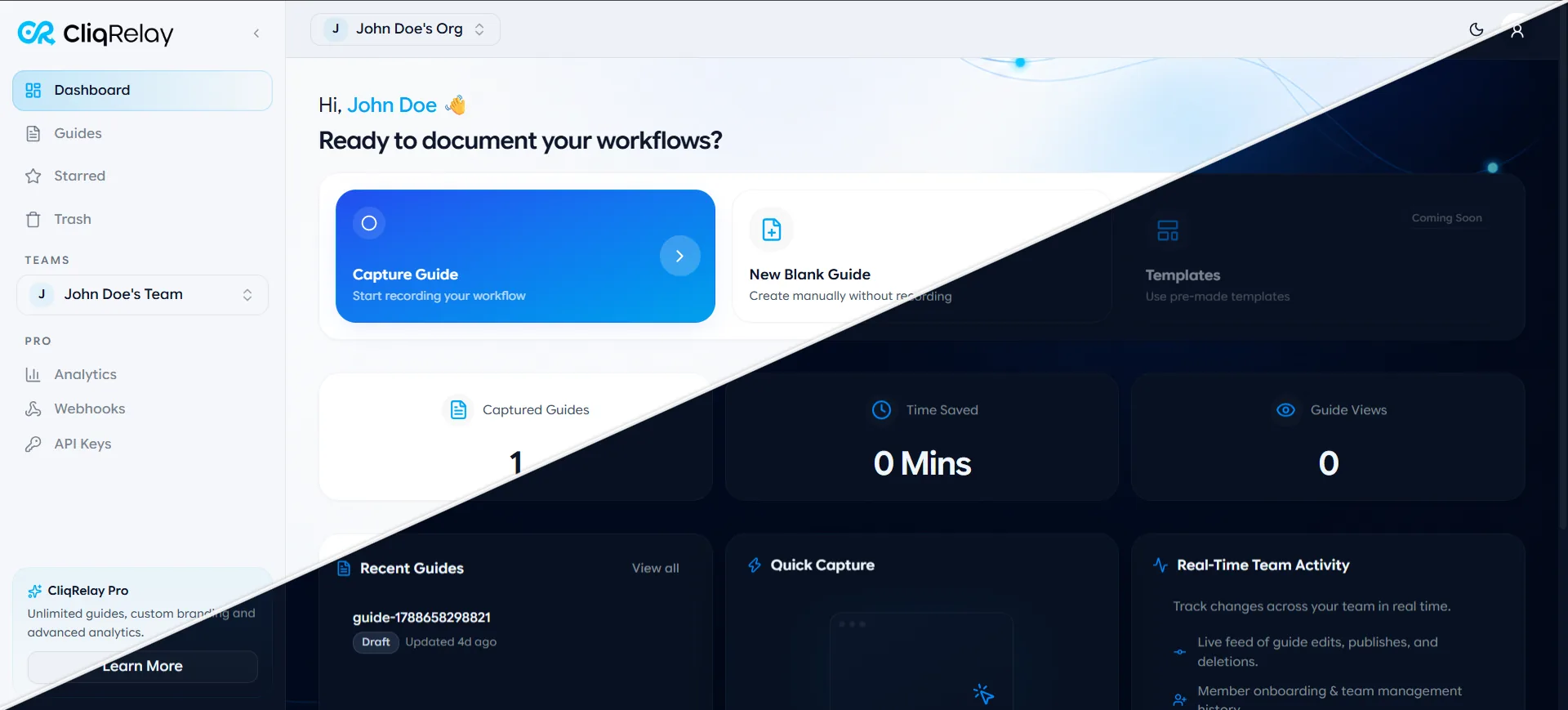 The CliqRelay dashboard, showing captured guides, quick capture and live team activity